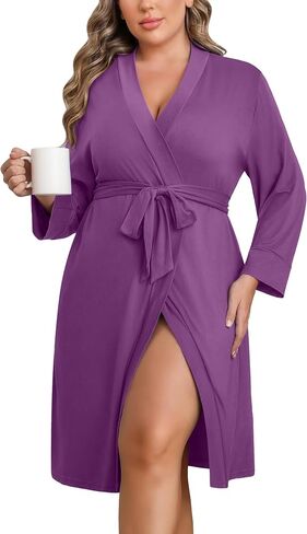 Ekouaer Women Plus Size Robe Knee Length Lightweight Bathrobe Short Kimono Robes with Pockets Maternity Robe 1X-5X in Kuwait