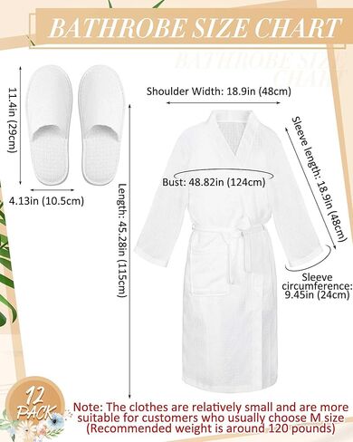 Jecery 24 Pcs Waffle Bath Robe and Slippers Set 12 Pcs Women's Spa Bathrobe with 12 Pairs Slippers Bulk Bridesmaid Robes Lightweight Soft Thin Spa Bathrobe for Wedding Party Hotel White in Kuwait