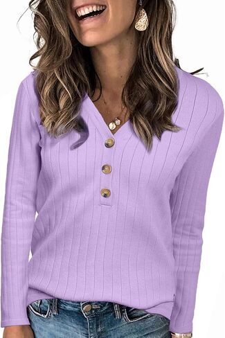 DB MOON Womens Sweater V Neck Long Sleeve Ribbed Button Knit Solid Color Soft Top in Kuwait