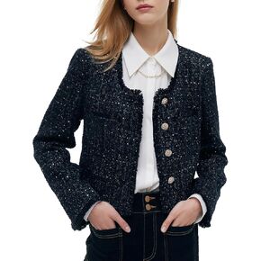Wool Blend Tweed Blazers for Women Business Casual Knit Blazer Cropped Jacket for Women