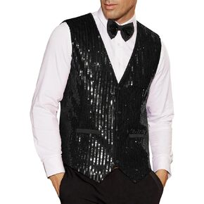 GRACE KARIN Mens Sequin Vest Slim Fit Shiny Dress Waistcoat Bowtie Set for Wedding Prom Party