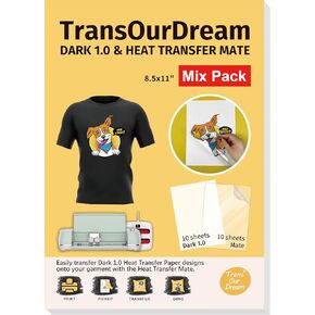 TransOurDream Tru-Heat Transfer Paper for Dark T Shirts (10 Sheets Dark1.0 + 10 Sheets Iron on Transfer Tape, 8.5"x11", Mix Pack) & Clear Heat Transfer Mate for Printable Heat Transfer Vinyl