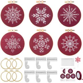 6 Sets Christmas Embroidery kit for Beginners, Antique Vitange Red Christmas Ornaments, Winter Snowflakes Needlepoint Cross Stitch Kits, Stitch Learning Kit with Thread, Needles, for Xmas Celebration