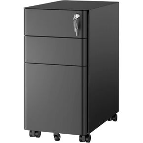 Mount-It! Slim Mobile Under Desk File Cabinet, Rolling Slim Design Filing Cabinet with 3 Drawers for Under Desk Storage - Files, Folders Office Cabinet with Lock for Home and Office, Color Black