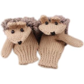 X&F Women's Cute Hedgehog Winter Knitted Cotton Mittens Girls Thick Gloves