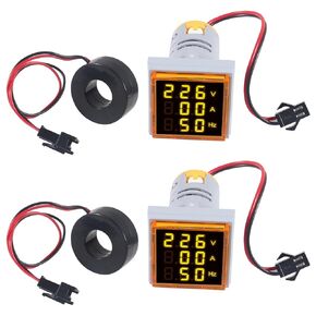 2pcs LED Digital Voltmeter Ammeter Hz Indicator AC 60-500V 1-100A Amp Voltage Current Gauge Tester 20-75Hz Frequency Meter with CT (Yellow)