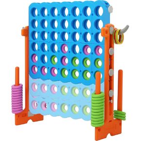 SDADI Height Adjustable Giant 4 in a Row Connect Game, 2-in-1 Jumbo 4-to-Score Game with Ring Toss Game Set, Indoor Outdoor Yard Game Party Game for Kids Adults and Family, Blue