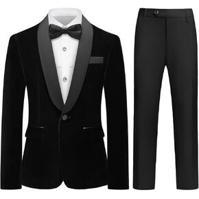 Lamgool Boys Velvet Tuxedo Suit 4 Piece Slim Fit Kids Formal Outfit Set with Blazer Dress Shirt Pant Bow Tie for Wedding