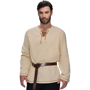 Spooktacular Creations Halloween Mens Renaissance Shirt, Beige Viking Medieval Costume, Long Sleeve Beach Shirt for Dress-Up