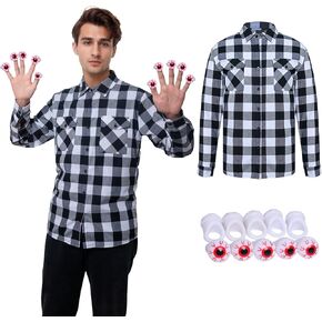 Mens Plaid Shirt Black White Plaid Long Sleeve Shirt with 10 Pcs Eyeballs Accessories for Halloween Cosplay