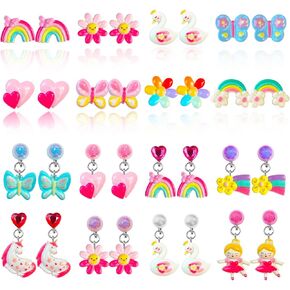 Elesa Miracle 16 Pairs Kids Little Girl Baby Girl Shiny Clip-on Earrings Value Set Pretend Play Dress Up Accessories Toy Jewelry