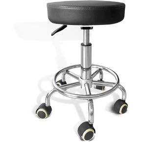 PU Leather Round Rolling Beauty Spa Stool with Footrest, Swivel and Adjustable Height, Non-Woven Padding Underneath Cushion. for Painting Salon Tattoo Work Office Press Chair (Black)