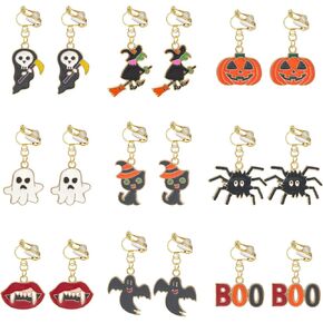 9 Pairs Halloween Clip On Earrings Cute Pumpkin Witch Spider Bat Skeletons Black Cat Ghost Non Pierced Drop Dangle Holiday Earrings