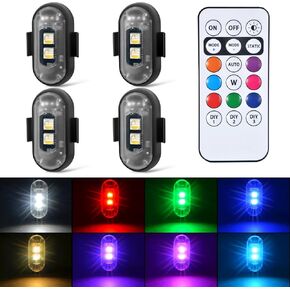 4PCS Wireless LED Strobe Lights with Remote Control, 8 Colors Rechargeable Led Lights Anti-Collision LED Emergency Warning Lights for Car Motorcycle Bike Drone Aircraft