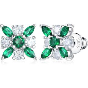 Moissanite and Created Emerald Earrings, Flower Studs/Half Hoop Earrings for Women, Hypoallergenic 925 Sterling Silver Gemstone Wedding Earring, Birthstone Jewelry