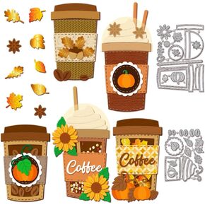 GLOBLELAND Autumn Coffee Cup Cutting Dies for Card Making Metal Die Cuts Fall Leaves Sunflowers Acorns Cutting Dies Templates for Scrapbooking Journal Embossing Paper Craft Decor
