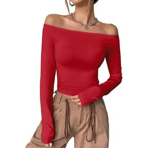 Womens Off The Shoulder Tops Long Sleeve Basic T Shirts Going Out Cute Y2K Fall Fashion 2024