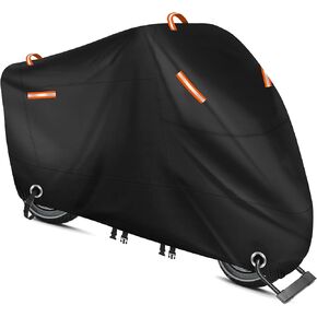 300D Heavy Duty Motorcycle Cover, All Season Waterproof Outdoor Scooter Cover with 4 Reflective Strip, 2 Lock-Hole, 2 Reflective Handle Fits up to 98" Honda Yamaha Suzuki Kawasaki (XXL: 98"x41"x50")