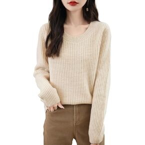 Women's 100% Merino Wool Sweater 2024 Fall Winter Casual Crewneck Long Sleeve Ribbed Knitted Pullover Sweater
