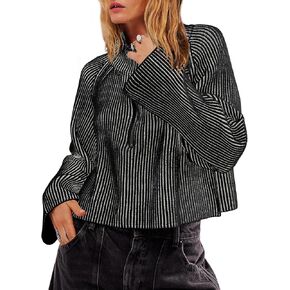 Saodimallsu Womens Half Zip Pullover Sweaters Striped Oversized Turtle Neck Bell Sleeve Ribbed Trendy Sweater