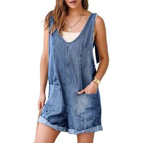 Simplee Casual Denim Romper V Neck Fall Outfits for Women 2024 Trendy Workout Jean Shorts Sleeveless Overall with Pocket