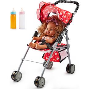 SYNCFUN Baby Doll Stroller Toy, Foldable Doll Stroller with Basket & 2 Magic Bottles, Play Stroller for Toddlers, Unicorn Red Babydoll Stroller for 3 4 5 Year Old Little Girls Gift, Easy to Assemble