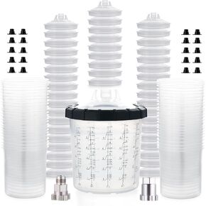 AEROPRO TOOLS Disposable Paint Cups Liners and Lid System, 50 Pack 22 Ounce (650ml) Kit for Spray Gun-50 Cup Liners, 50 Lids with Strainer, 1 Hard Cup with Retainer Ring, 20 Plugs, 2 Cup Adapters