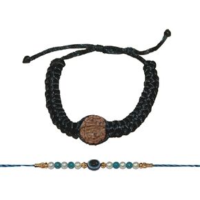 Rudraksha Bracelet Rakhi Set of 2, Rudhaksha Rakhi and Evil Eye Rakhi, Rope Bracelet with Rudraksh Bead, Rakhi Gifts for Brother, Sister, Bhaiya, Bhabhi for Indian Rakhi Raksha Bandhan Festival