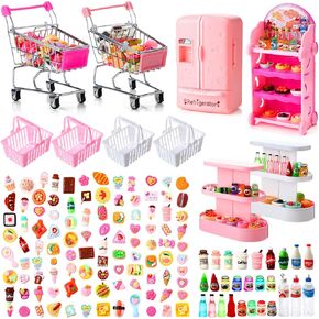 158 Pcs Mini Shopping Cart Basket Miniature Food Drink Bottle Mini Supermarket Trolleys Doll House Accessories Cosplay Game for Party Accessory(Pink,Classic Style)