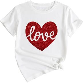 OYOANGLE Girl's Letter Graphic Short Sleeve T Shirt Heart Print Crew Neck Tees Breathable Casual Tee Tops