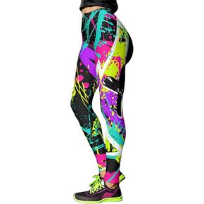 Hupplle Women's 80s Neon Leggings Artistic Splash Printed High Waisted Stretchy Tights Buttery Soft Yoga Sport Workout Pants