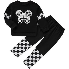 Girls 2 Piece Clothes Black White Plaid Outfit Long Sleeve Crop Tops Sweatshirt with Jogger Legging Pants