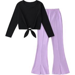 Girl Clothes Solid Knot Front Long Sleeve Pure T-Shirt Tops Split Flare Pants 2Pcs Toddler Girl Outfit