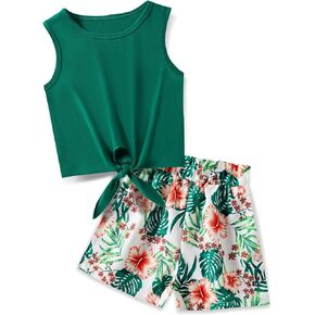 Kilymosy Girl's 2 Pcs Outfits Front Tie Tank Top and Shorts Clothe Set with Pocket 6-14Y