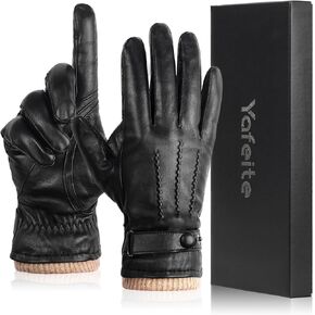 Winter Leather Gloves for Men, Genuine Sheepskin Black Leather Warm Cashmere Gloves