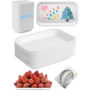 60pcs Crafts Foam Trays, White Foam Rectangle Meat Tray Food Tray for School DIY Crafts Printmaking Trays Meat Tray Food Tray 7.9 x 5.1 x 1 in