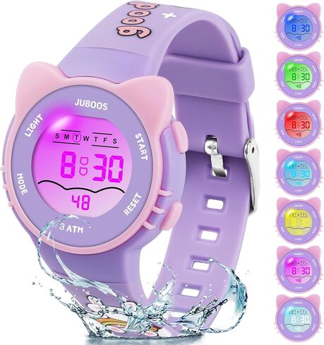 Juboos Kid's Digital Watch for Boys and Girls, Waterproof LCD Digital Sports Kids Watch with 7 Color LED Lights, Stopwatch, Alarm in Kuwait