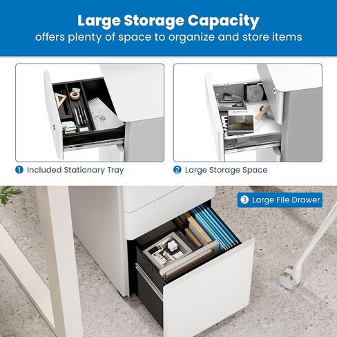 Mount-It! Slim Mobile Under Desk File Cabinet, Rolling Slim Design Filing Cabinet with 3 Drawers for Under Desk Storage - Files, Folders Office Cabinet with Lock for Home and Office, Color Black in Kuwait
