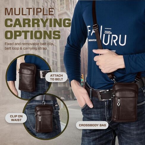 Hengwin Small Leather Crossbody Shoulder Bag Men Belt Clip Phone Holster Case Belt Loop Pouch Waist Bag Pack Fit for iPhone 15 14 13 Pro Max 8 7 6 Plus Galaxy Note 9 8 S24/S23 Ultra S9/S8 Plus (Black) in Saudi Arabia