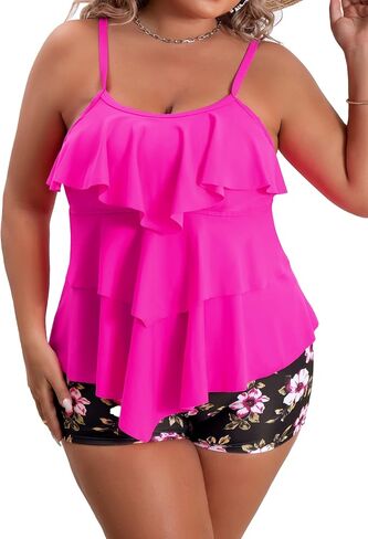 B2prity Women Plus Size Tankini Swimsuits Tummy Control Two Piece Bathing Suit Ruffled Flounce Swimwear with Shorts Black,Peach in Saudi Arabia