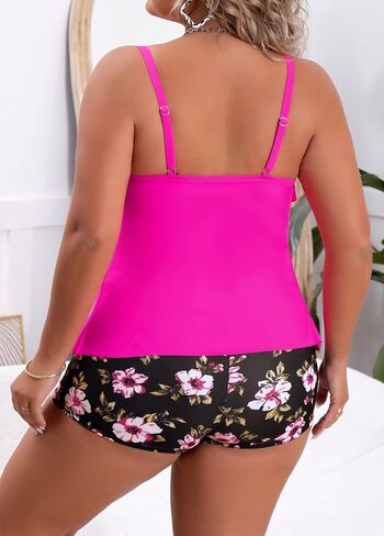 B2prity Women Plus Size Tankini Swimsuits Tummy Control Two Piece Bathing Suit Ruffled Flounce Swimwear with Shorts Black,Peach in Saudi Arabia