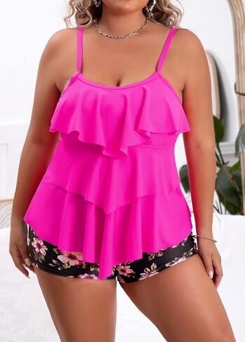 B2prity Women Plus Size Tankini Swimsuits Tummy Control Two Piece Bathing Suit Ruffled Flounce Swimwear with Shorts Black,Peach in Saudi Arabia