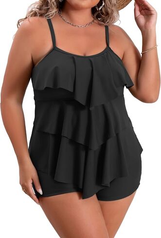 B2prity Women Plus Size Tankini Swimsuits Tummy Control Two Piece Bathing Suit Ruffled Flounce Swimwear with Shorts Black,Peach in Saudi Arabia