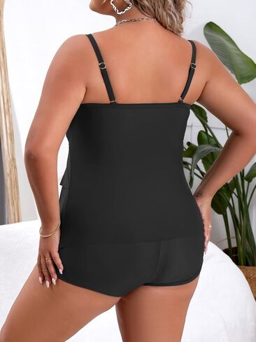B2prity Women Plus Size Tankini Swimsuits Tummy Control Two Piece Bathing Suit Ruffled Flounce Swimwear with Shorts Black,Peach in Saudi Arabia