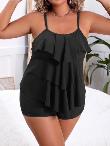 B2prity Women Plus Size Tankini Swimsuits Tummy Control Two Piece Bathing Suit Ruffled Flounce Swimwear with Shorts Black,Peach in Saudi Arabia
