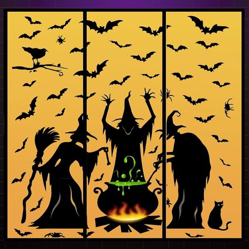 Halloween Decorations Window Clings，Large Witches Window Clings Pumpkin Spider Bats Shop Window Clings，Halloween Window Stickers Decals for Indoor Party Decorations (Witch Stickers) in Saudi Arabia