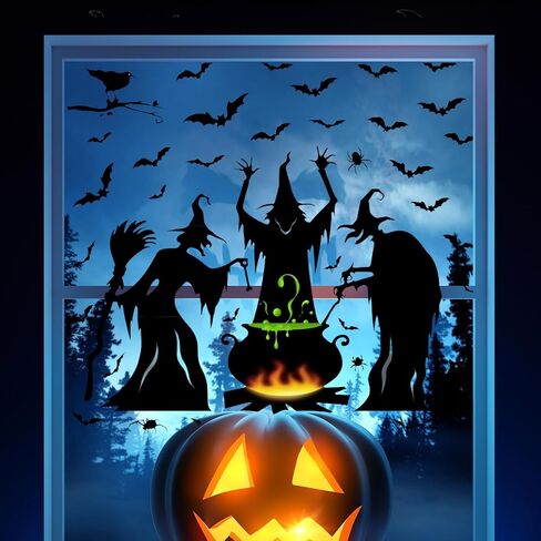 Halloween Decorations Window Clings，Large Witches Window Clings Pumpkin Spider Bats Shop Window Clings，Halloween Window Stickers Decals for Indoor Party Decorations (Witch Stickers) in Saudi Arabia