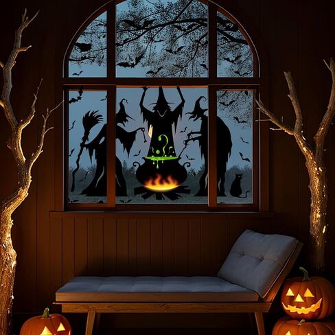 Halloween Decorations Window Clings，Large Witches Window Clings Pumpkin Spider Bats Shop Window Clings，Halloween Window Stickers Decals for Indoor Party Decorations (Witch Stickers) in Saudi Arabia