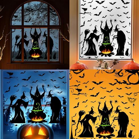 Halloween Decorations Window Clings，Large Witches Window Clings Pumpkin Spider Bats Shop Window Clings，Halloween Window Stickers Decals for Indoor Party Decorations (Witch Stickers) in Saudi Arabia