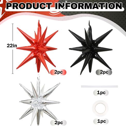 6PCS Black Red Star Balloons, 22Inch Large Explosion Star Balloon Foil Balloons Spike Balloons Star Cone Balloons for Birthday Anniversary New Year Halloween Vampire Casino Party Decorations in Kuwait